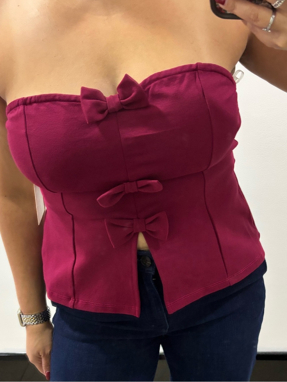 Strapless Bow-Accent Corset Top - Magenta